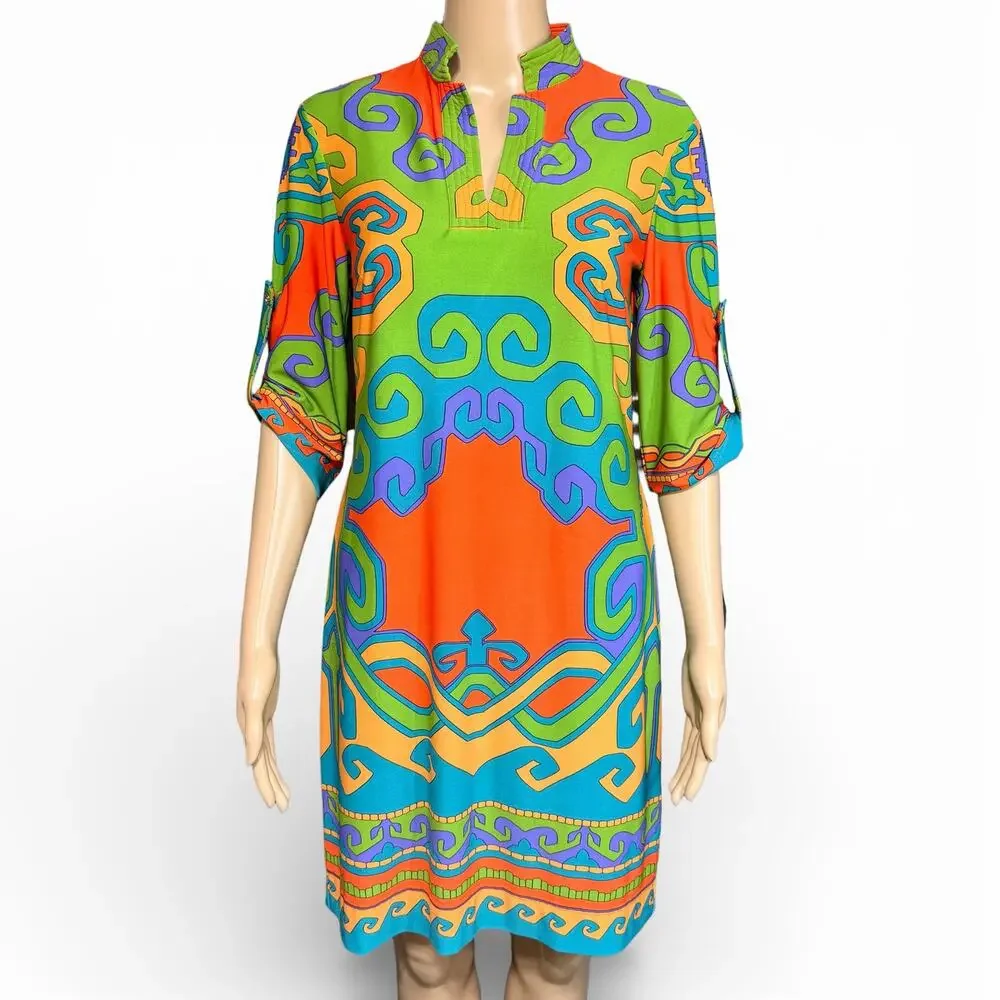 Donna Morgan Womens Tunic Shift Dress Retro Geo Print Pullover Green Orange Sz 6